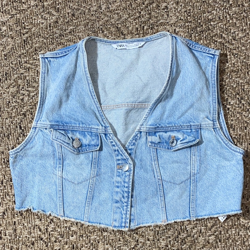 Zara Cropped Sky Blue Denim Vest SIze L